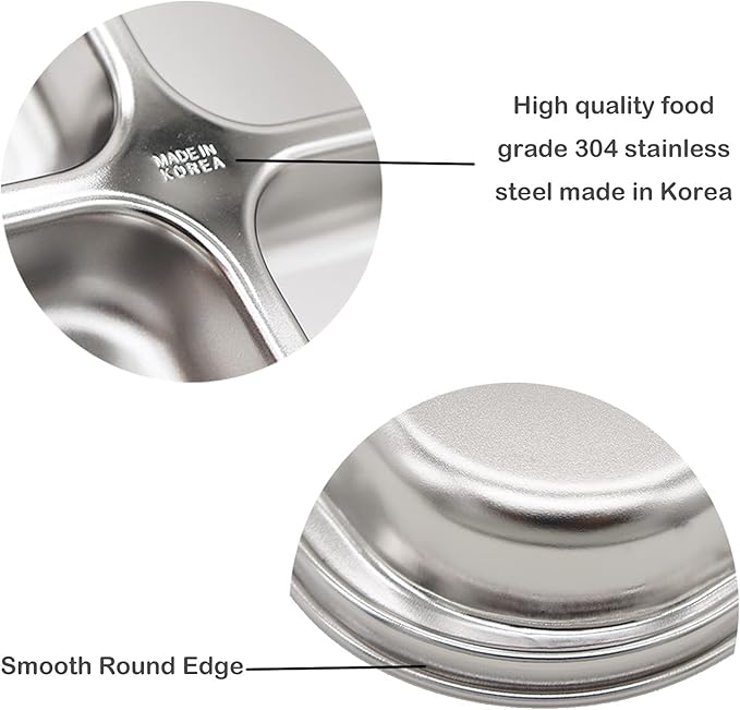Korean Stainless Steel Divided Plates for Toddlers, Kids, Babies, Premium 304, Electro-Polished, No Black Residue, BPA-Free, 4-Compartment Food Tray, Camping, Balanced Meals, Set of 2