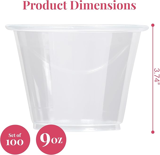 Prestee Clear Plastic Cups – 9oz Disposable PET Water, Wine, and Drink Glasses – Crystal Clear, Durable, Recyclable Party Cups – 100 Count for Holiday, Events, Coffee Shops, Restaurants