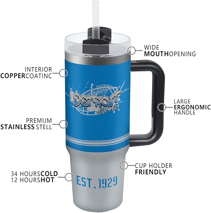 Detroit 30 oz Tumbler with Handle and Straw,Car cup,Coffee Mug,100% Leakproof Insulated Tumbler with Lid and Straw,Made of Stainless Steel,Cup Holder Friendly Base,Classic Collection Gifts for Fans