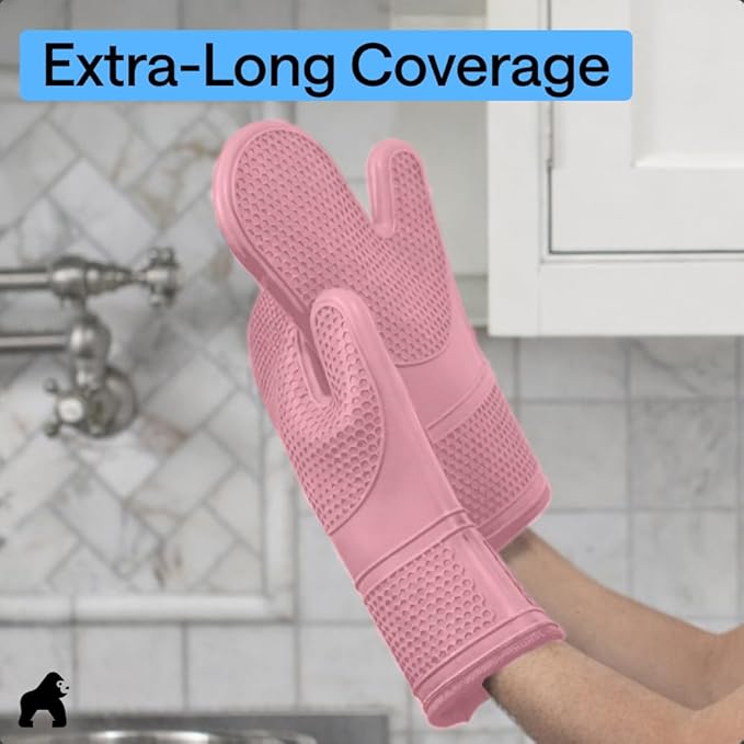 GORILLA GRIP BPA-Free Soft Silicone Oven Mitts, Heat Resistant and Waterproof Cooking Gloves, Thick Cotton Lining, Flexible Gripping for Baking Grilling, Kitchen Potholders Set of 2, 12.5x8.3, Pink