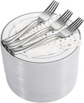 Stylish 7.5 Inch Silver Cake Plates with Disposable Forks and Cocktail Napkins (100 Set) - Small Appetizer Plates - Silver Plastic Dessert Plates - Plastic Cake Plates for Wedding Reception