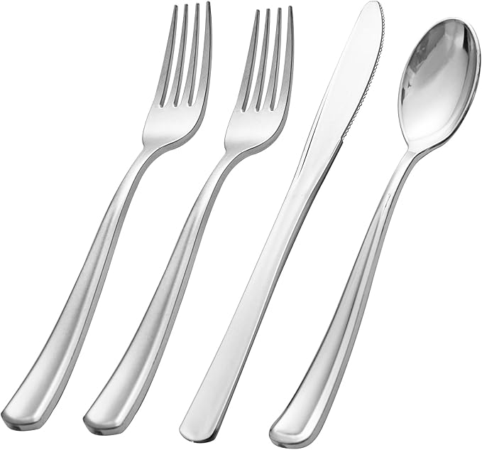 WDF 500PCS Silver Plastic Silverware - Plastic Silver Utensils - 250 Forks 125 Spoons 125 Knives - Heavy Duty Disposable Silverware Sets for Parties Wedding Valentine's Day