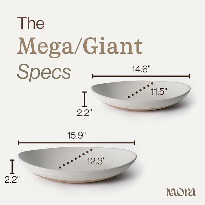 MORA Mega and Giant Serving Dishes Set of 2, 16 inch and 14 inch Ceramic Pottery Oval Platters - Microwave, Oven and Dishwasher Safe - Oat