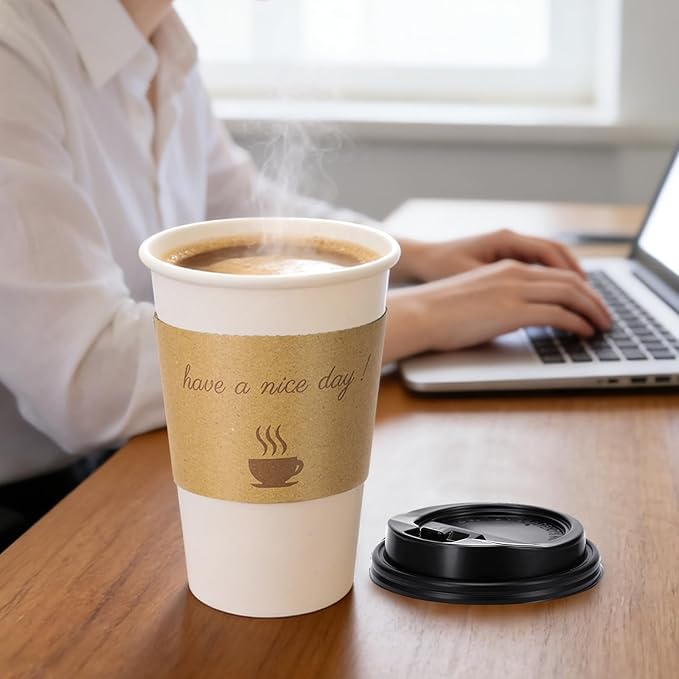 500 Pack 16 oz Disposable Paper Coffee Cups, Paper To Go Cups with Lids, Sleeve and Straw, Hot Paper Cups for Home, Office and Party (White 16oz)