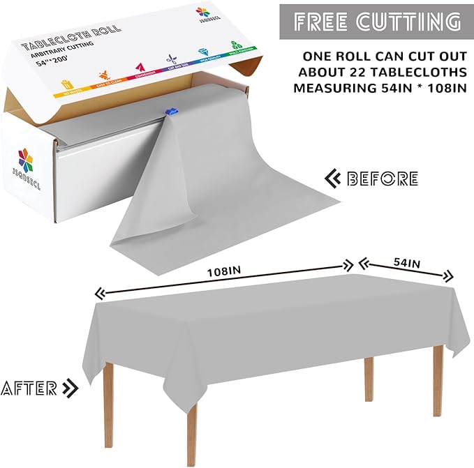54 Inch X 200 Feet Plastic Table Cover Roll with Convenient Slide Cutter, Disposable Plastic Table Cloth Roll with Cut-to-Size Design for Weddings, Banquets, Parties (Silver Grey)
