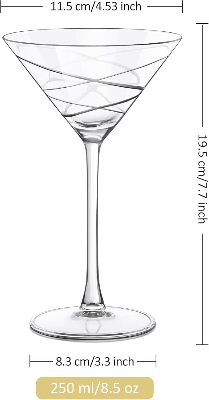 Joeyan Handmade Etched Martini Glasses,Crystal Cocktail Glassware with Dots Strips Pattern,Drinking Glasses for Espresso Martini Cosmopolitan Manhattan Gimlet,Set of 4,8.5 oz
