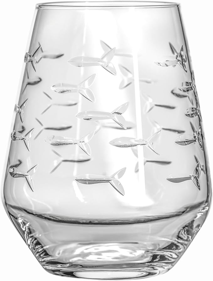 Rolf Glass | School of Fish Stemless Tumbler | 18oz Stemless Wine Glasses | Lead-Free Glass | Engraved and polished in Pennsylvania | US made (Set of 2)