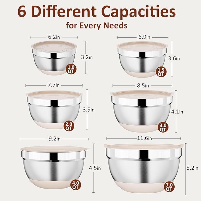 9 Pack Mixing Bowls with Airtight Lids Set, Stainless Steel Mixing Bowls with Grater Attachments, Nesting Kitchen Bowl Set with Non-Silp Bases, Size 7, 4, 3, 2, 1.5,1QT, Khaki