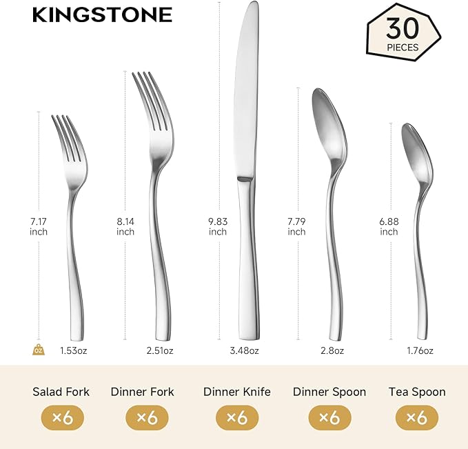 KINGSTONE 30-Piece Silverware Set for 6, Matte Stainless Steel Flatware Set with Forks, Knives, Spoons, Dishwasher Safe, Rust Resistant Cutlery for Home & Wedding