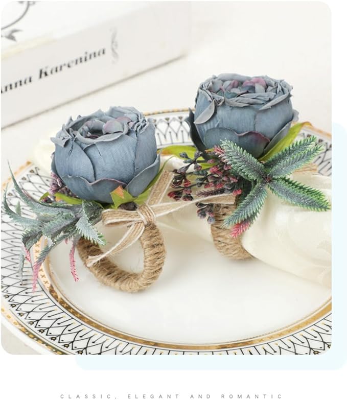 Floral Napkin Rings Set of 6,Rustic Rose Napkin Rings Flower Dinner Napkin Holder for Table Decoration (26#Blue)