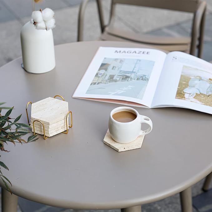 Travertine Coasters Set of 6 with Gold Holder, Hexagonal Rustic Beige Marble Drink Coasters for Coffee Table Decor, Porous Stone Absorbent Coaster for Drinks, Velvet Backed