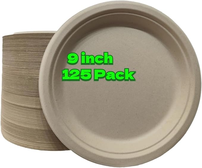 Compostable Paper Plates, 9 Inch, 125 Pack