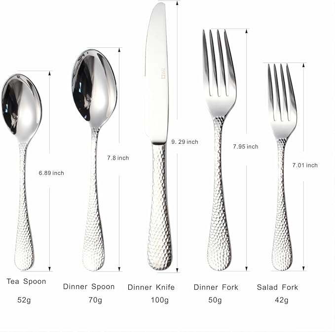 20-Piece Forged Hammered Stainless Steel Flatware Cutlery Set for 4, SXY INOX Shape of Water Drop Includes Dinner Knives/Forks/Spoons,Tea Spoons, Salad Forks, Mirror Polished - Dishwasher Safe