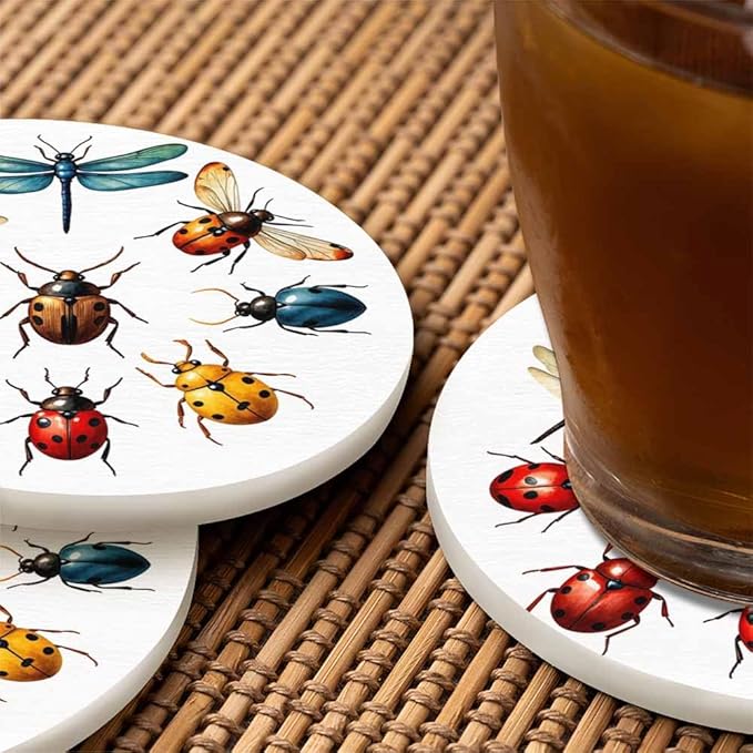 Insect Collection Coasters for Drinks Office Coffee Table Dragonfly Ladybug Wings Cartoon Wild Life Nature Colorful Animal Living Room Decor Set of 2 for Cold Drinks Wine Mugs and Cups 4 Inch
