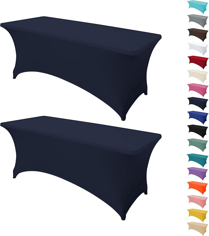 2Pack 8FT Table Cloth for Rectangular Fitted Events Stretch Navy Blue Table Covers Washable Spandex Tablecloth Protector for Party, Wedding, Cocktail, Banquet, Festival