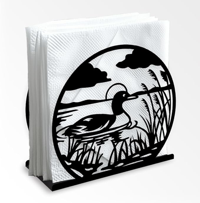 Mallard Duck Decorative Black Metal Napkin Holder for Table, 5.3" x 4.9" x 1.9" Duck Animal and Reed Standing Napkin Holder for Home Kitchen Restaurant Picnic Party Coffee Bar Dining Room