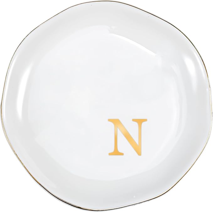 ProCase Ceramic Jewelry Tray, Initial Ring Dish Trinket Plate Engagement Gift, Small Personalized Monogram Ring Bowl for Wedding, White Decorative Jewelry Holder for Women Vanity -Letter N