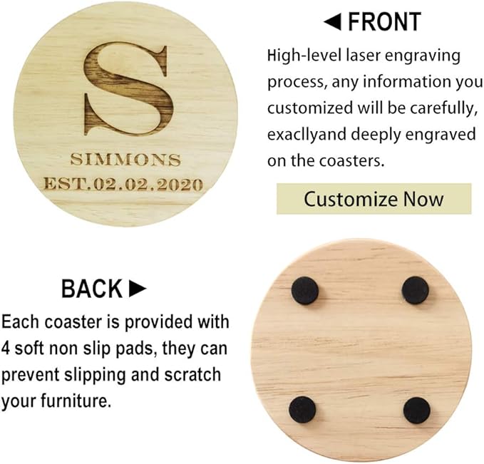 Personalized Wooden Coasters for Drinks - Custom Engraved, Monogram Design - Great Gifts for Relatives, Friends or Yourself (S, Set of 6)