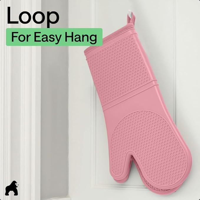 GORILLA GRIP BPA-Free Soft Silicone Oven Mitts, 14.5x8.3, Heat Resistant and Waterproof Cooking Gloves, Thick Cotton Lining, Flexible Gripping for Baking Grilling, Kitchen Potholders Set of 2, Pink