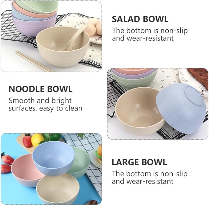 4 Pcs Large Capacity Wheat Straw Salad Mixing Bowls Food Serving Bowls for Fruit Noodles and Salads Lightweight Smooth Finish Heat-resistant and Easy to Clean Random Color