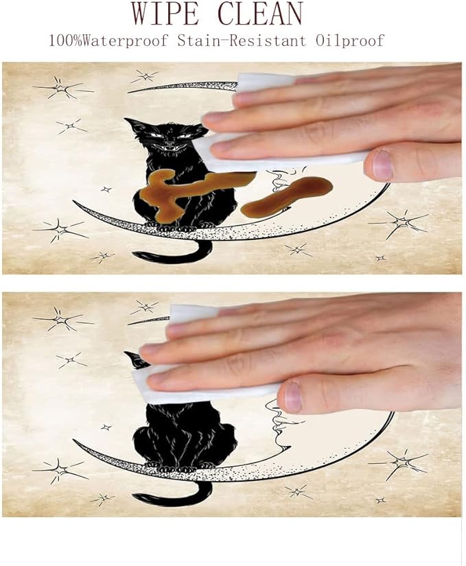 Polyester Tablecloth, Moon Waterproof Oil-Proof PVC Table Cloth, Black Cat Sitting on White Crescent Moon, Fit Round Tables 28inch Diameter, for Xmas/Parties/Home, Sand Brown Black