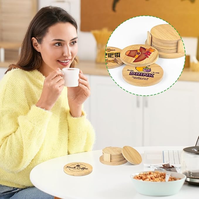 Sublimation Wood Coasters Blanks 4 Pack with Holder Bamboo Round Square Cup Coaster Mats for Sublimation Transfer Heat Press Printing DIY Crafts (Round)