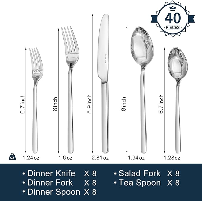 KINGSTONE Bone China Dinnerware Set for 8 with 40 Piece Silverware Set for 8, Dishwasher Safe, Tableware for Daily Use with Elegant Design