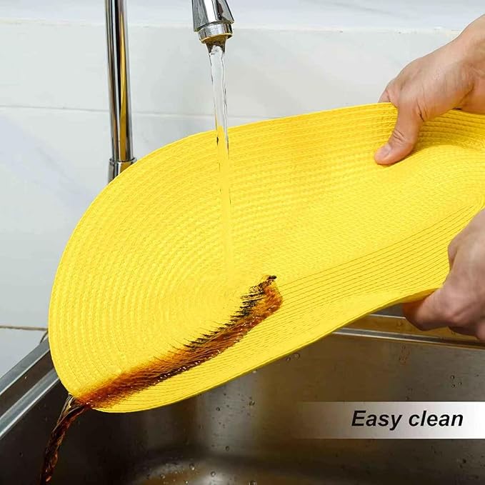 FunWheat Oval Braided Placemats Set of 4 Table Mats for Dining Tables Washable Heat Resistant Place Mats for Indoor Outdoor Use 12 x18 Inch (Oval Yellow, 4pcs)