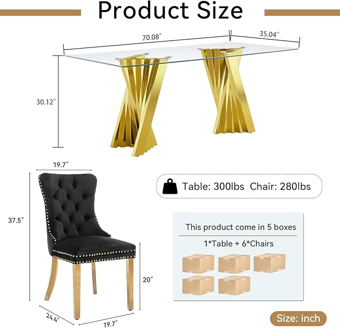 SSLine Modern 70" Glass Dining Table Set for 8, Kitchen Dinner Table Set with Stainless Steel Base and 8 Velvet Dining Chairs