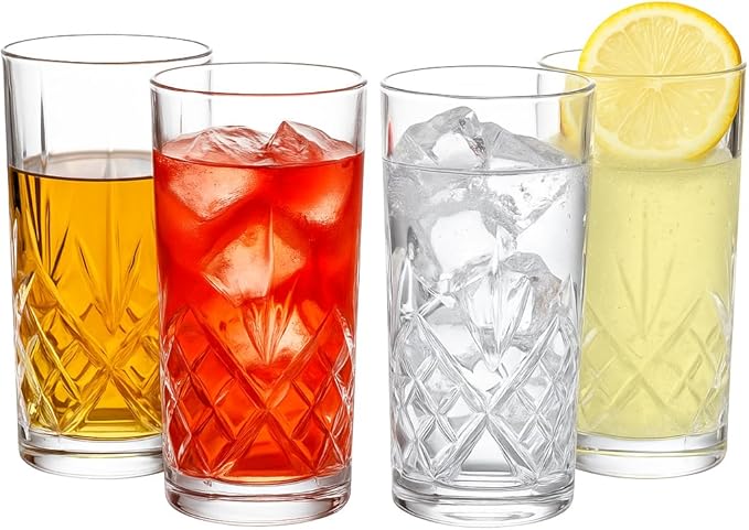 Glass with crystal-style design Clear Glass, Diamond Pattern, 15 oz, Set of 6, for Water, Cocktails, Beverages