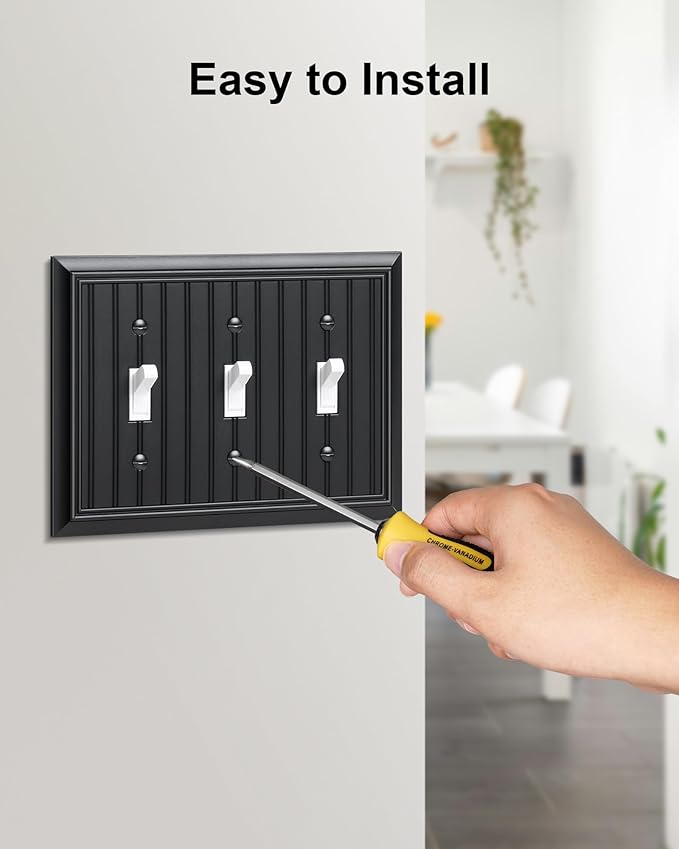 2-Pack Classic Beadboard Triple Toggle Light Switch Cover Plate, Durable Natural Bamboo Fiber Decorative Switch Plate Covers, Matte Black 3 Gang Wall Plate