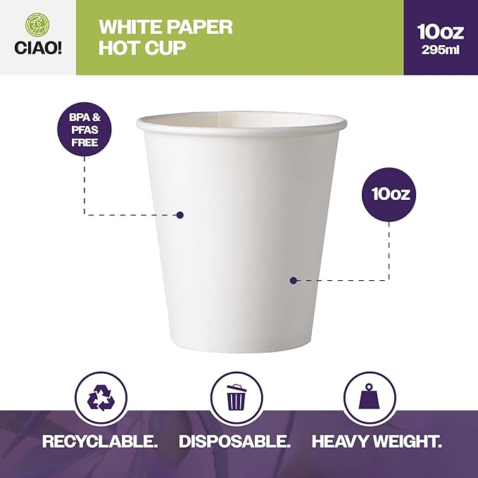 CIAO! 10oz White Paper Hot Cup, Disposable, 80mm Diameter 500 Count