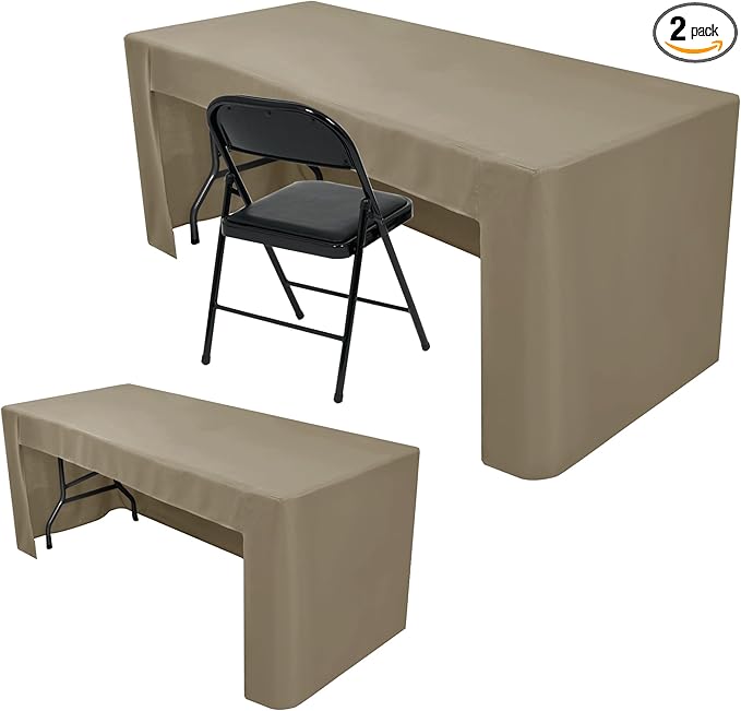 Nasitos 2 Pack Fitted Taupe Tablecloth for 4 Foot Tables - Open Back Folding Table Cover Washable Fabric Tablecloths for Trade Show, Craft Show, Events, Vendor Booth