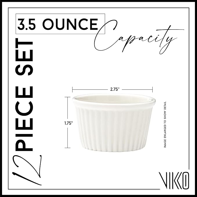 Vikko White Ramekin, Set of 12 Fine Porcelain Ramekins, Stackable 3 Inch Bowls, 3.5 Ounce Dips Dish, Dishwasher Safe