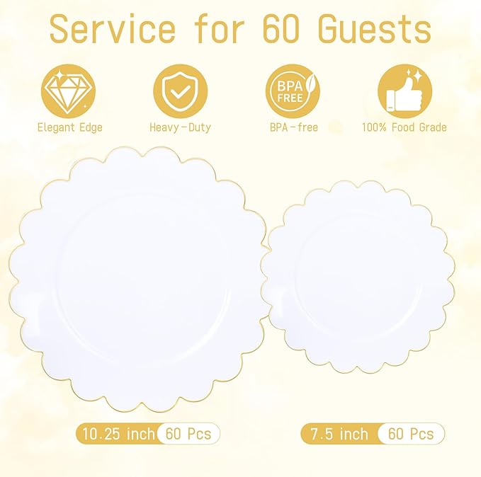 LIYH 120 Pcs White Plastic Scalloped Plates - Gold Fancy Disposable Plastic Plates Includes 60 Dinner 10.25" & 60 Dessert Plate 7.5" Elegant Gold Rim for Party Birthday Valentines Day