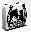 Cowgirl Horse Decorative Black Metal Napkin Holder for Table, 4.9" x 5.3" x 2" Flower Horseshoe Standing Napkin Holder for Home Kitchen Restaurant Picnic Party Coffee Bar Dining Room