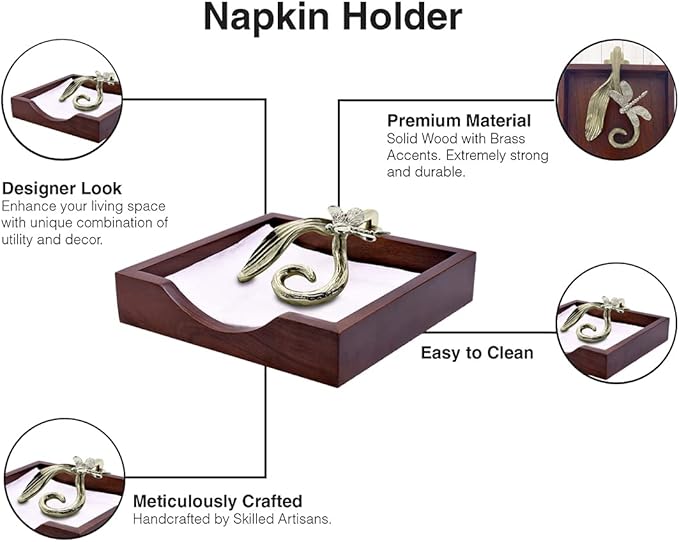 Napkin Holder - Solid Wood Brown Finish Home Decor & Kitchen Decor Table Countertop Serviette & Tissue Holder with Metal Ornament Arm in Silver Gold Finish - Indoor and Outdoor Use - Dragonfly Design