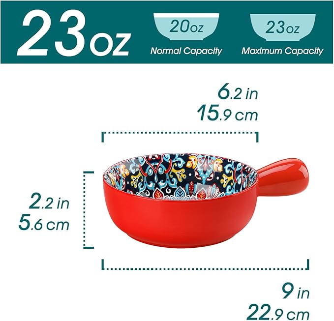 vancasso Soup Bowls with Handles, 23 Oz French Onion Soup Bowls Oven Safe, Bohemian Ceramic Soup Crocks for Cereal, Pasta, Beef Stew, Chilli, Microwave Dishwasher Safe-6.2 inch, Set of 4
