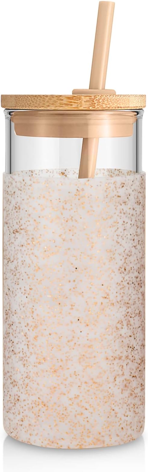 Tronco 20 oz Glass Tumbler with Lid and Straw, Iced Coffee Cup and Smoothie Cup with Bamboo Lids & Protective Silicone Sleeve, Dishwasher Safe, BPA-Free, Glass Cup 1 Pack