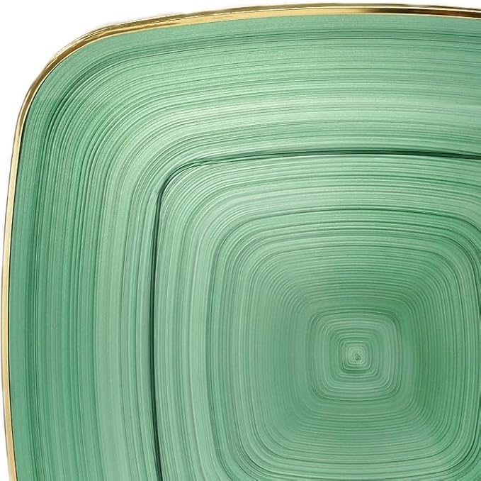 " OCCASIONS " 100 Plates Pack,(50 Guests) Premium Wedding Party Disposable Plastic Plates Set -50 x 10'' Dinner + 50 x 7'' Salad/Dessert (Belize Square in Green & Gold)