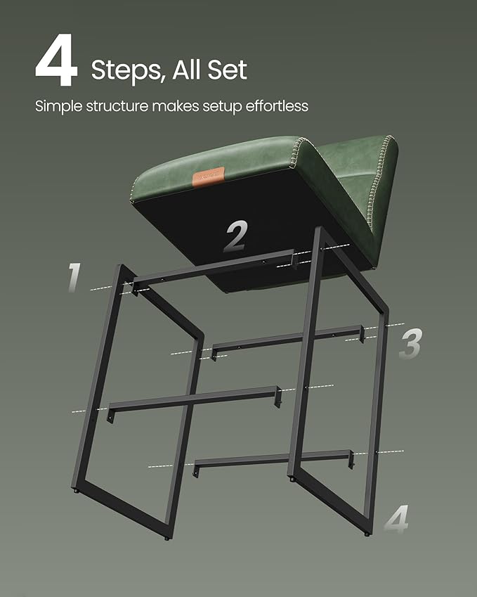 VASAGLE EKHO Collection - Bar Stools Set of 4, Counter Height Stools with Backs, 26.4-Inch Barstools Chairs, Synthetic Leather with Stitching, Mid-Century Modern, Dining Kitchen Island, Forest Green
