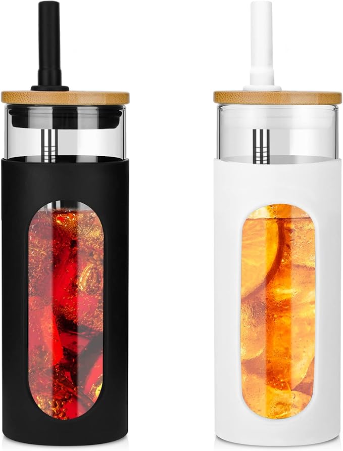 Tronco 22oz Glass Tumbler with Bamboo Lid and Straw, Reusable Iced Coffee Cup for Boba Tea, Smoothies & Cold Drinks, Spill-Proof Glass Cup with Silicone Sleeve, Dishwasher Safe, BPA-Free (Pack of 2)