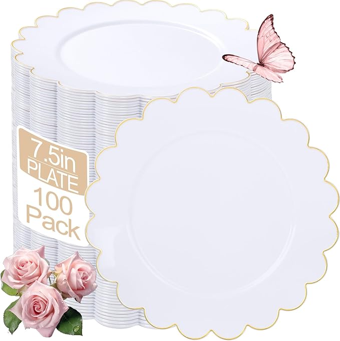 LIYH 100 Pcs Gold White Dessert Plates - 7.5" Disposable Fancy Cake Plates - White with Gold Rim Premium Hard Appetizer Cake Plastic Wedding Plate for Party,Bridal Shower,Birthday,Valentine's Day