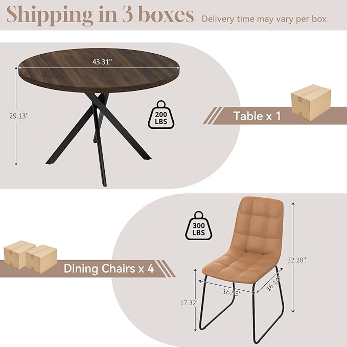 44" Round Dining Table with Cozy Chair Set for 4, Modern Mid-Century Dining Table Set of 4, Dinette Sets with Metal Leg for Kitchen Dining Room Apartment(Walnut Table + Brown Chairs)