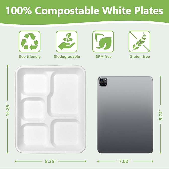 Compostable 5 Compartment Plates Disposable, 10.25 x 8.25 inch, [100-Pack] Heavy Duty Paper Plates with dividers, Sturdy School Lunch Trays, White Large Paper Dinner Plates for Buffet Party