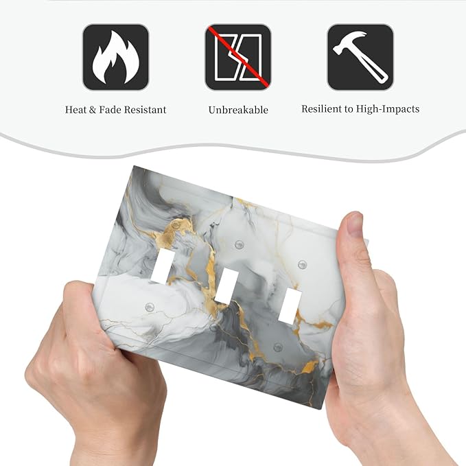 Light Switch Cover Gray/Gold Marble Abstract Modern Luxury 3 Gang Wall Plate Triple Light Switch Plate Toggle Decorative Outlet Covers Electrical Switchplate for Bathroom Bedroom Decor