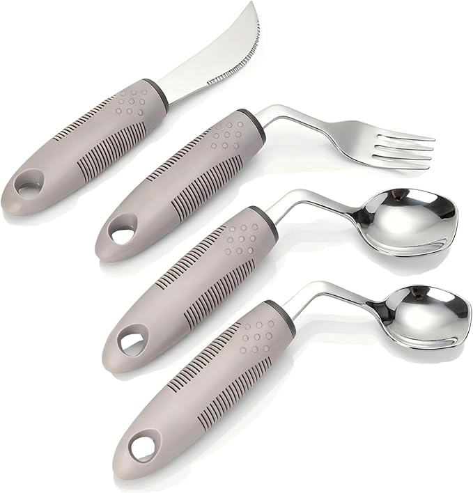 4-Piece Adaptive Utensils Set with Rocker Knife & Shovel Spoon - 42° Angled Parkinsons Utensils, 2.5 oz Weighted Silverware for Hand Tremors and Arthritis, Adaptive Eating Utensils (Grey Left-Handed)