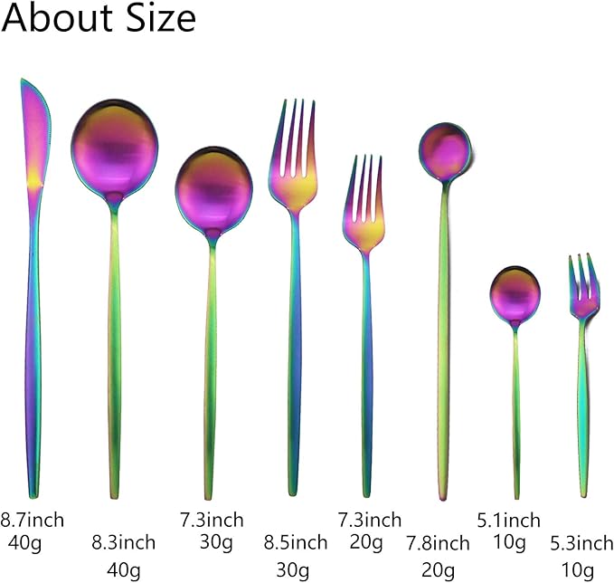 JASHII 32-Piece Tableware Set Stainless Steel Flatware Set with Coffee Spoon Long Handle Spoon Premium Cutlery Service for 4 Satin Finish Utensils for Home (Rainbow)