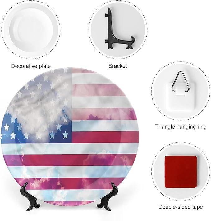 Ceramic Plates, American Flag Decorative Ceramic Plates, Flag Clouds Memorial, 6 Inch, for Dining, Parties, Wedding, Multicolor