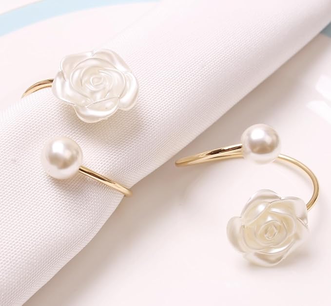12Pcs Napkin Rings Pearl Napkin Holder Rose Napkin Buckles for Wedding Banquet Home Party Kitchen Decor Festival Dinning Table Decor